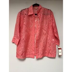 Choices Coral Geometric Burnout Sheer 3/4 Sleeve Button Up Shirt Top Plus Size L